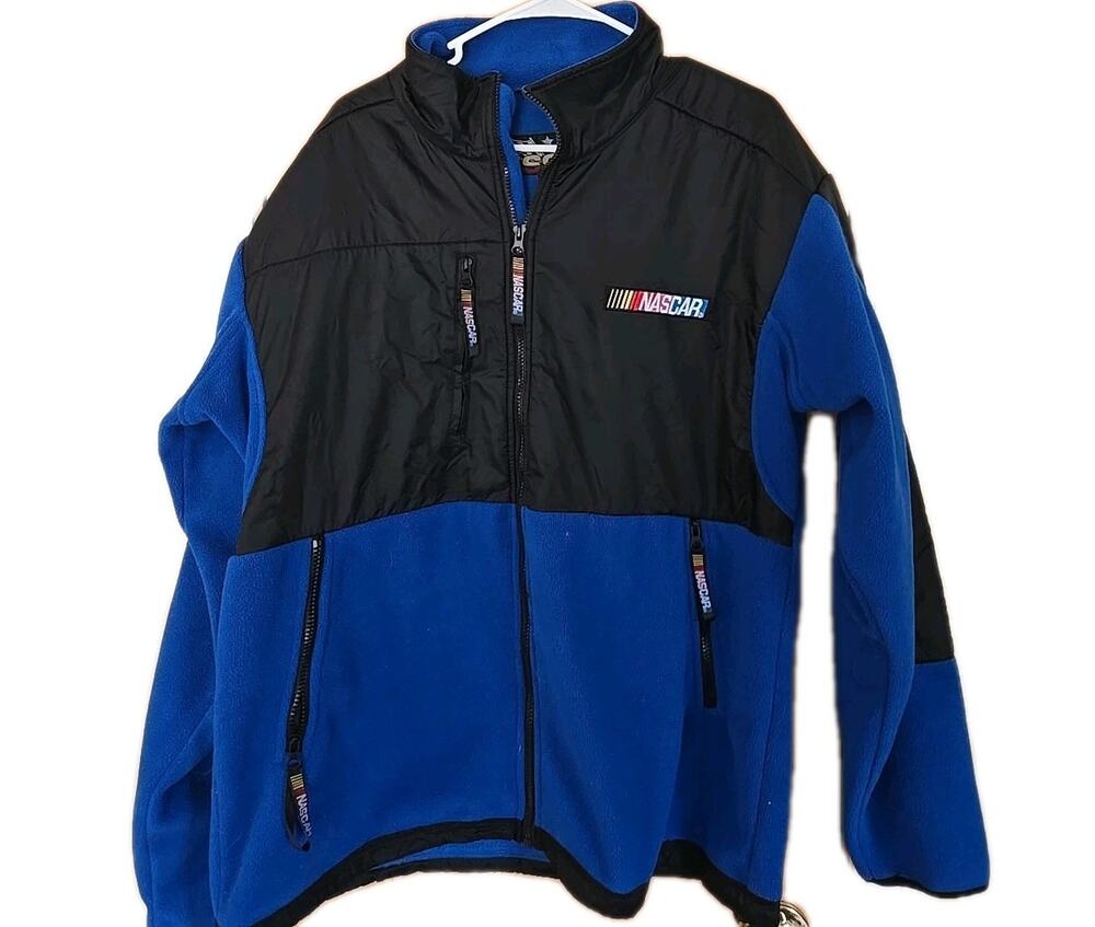 Vintage 90s Essex NASCAR Racing Embroidered Blue Black Fleece Jacket Coat XL